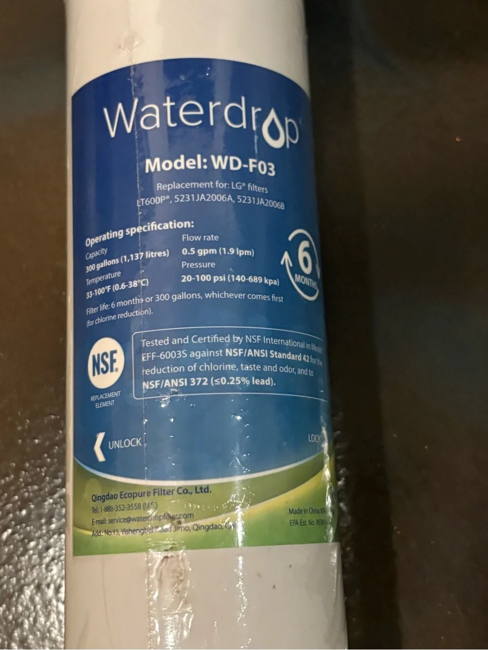 Waterdrop WD-F03 Refrigerator Water Filter Replacement for LG® LT600P®(1 Pack)